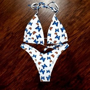 White and Blue Butterfly Bikini with Ruffles